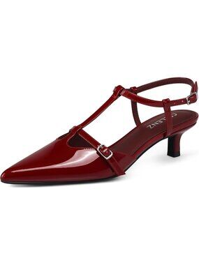 Women's Red Pu Low Heel Pumps 2 Inch Kitten Heels Ankle Strappy Slingback Pumps